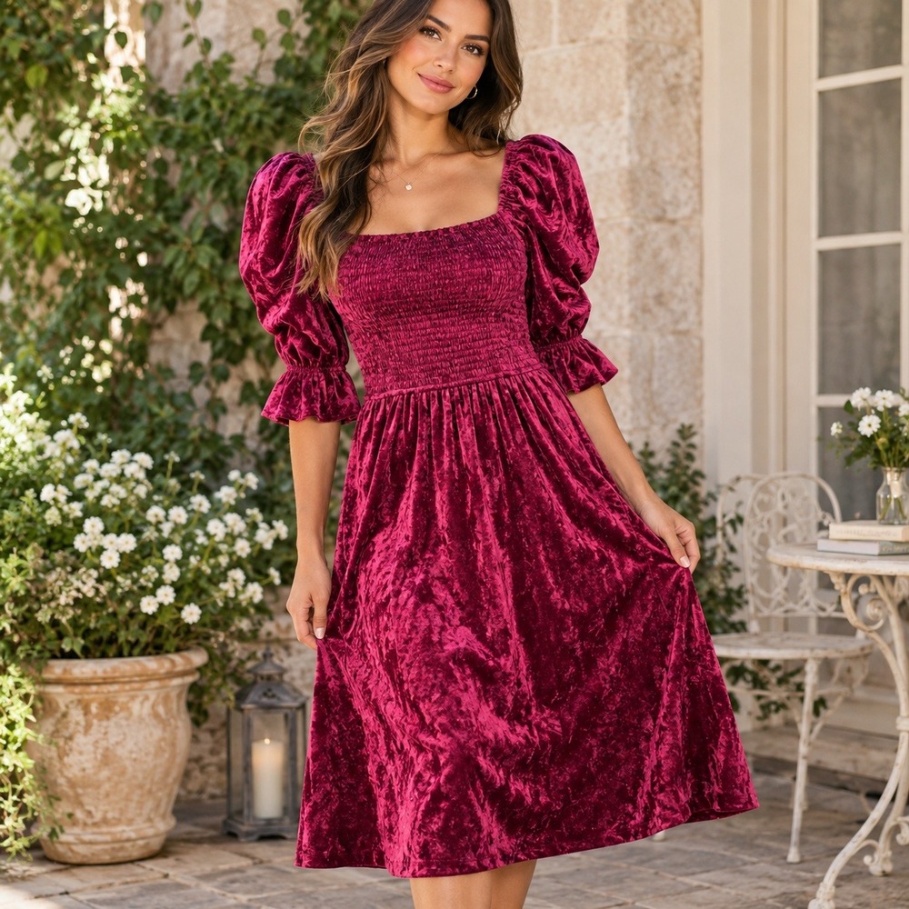 Tahar ASL Burgundy Crushed Velvet Smocked Puff Sleeve Dress Size 2 Holiday Wine